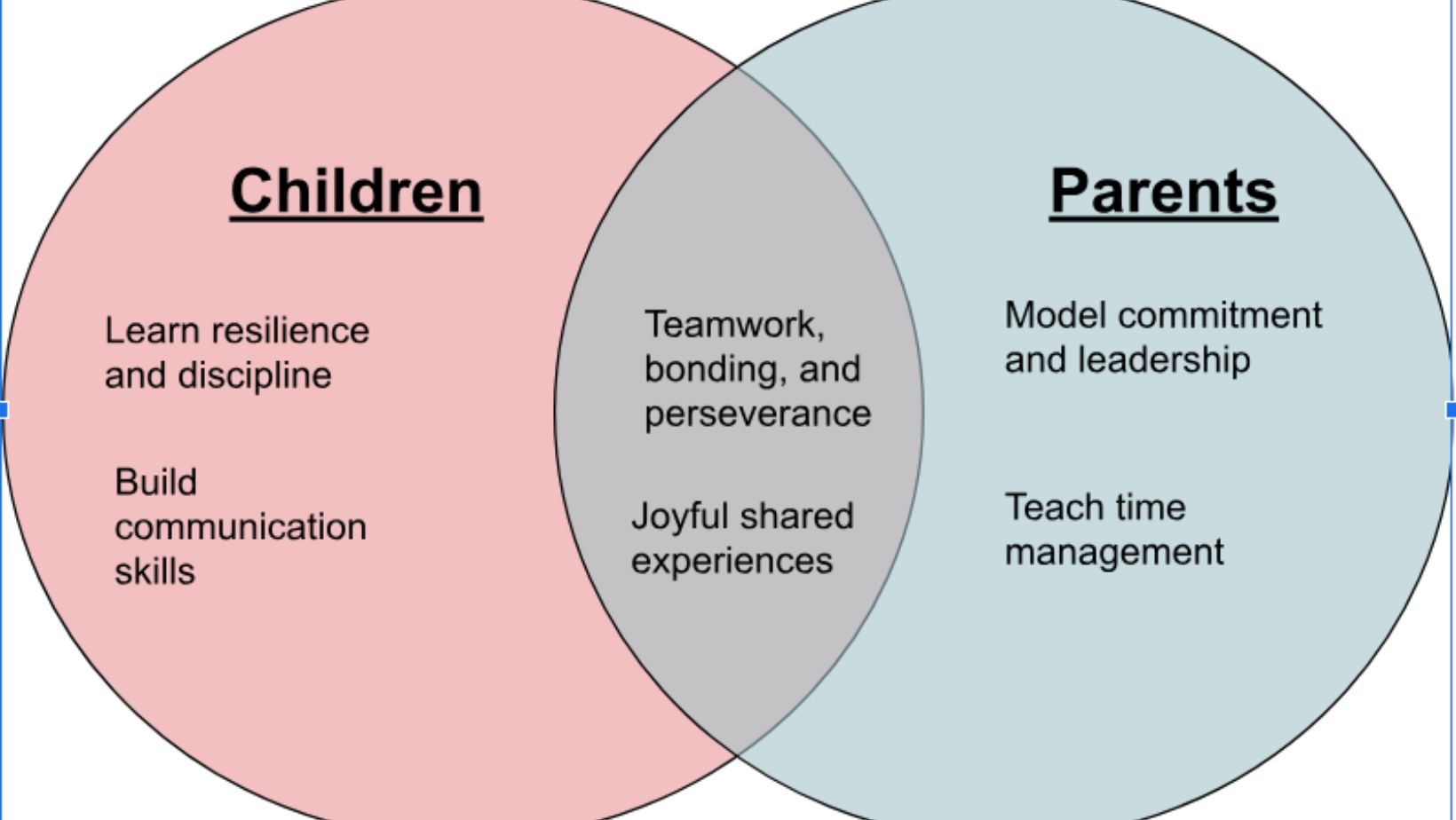 sports life lessons for children and parents illustrated in venn diagram